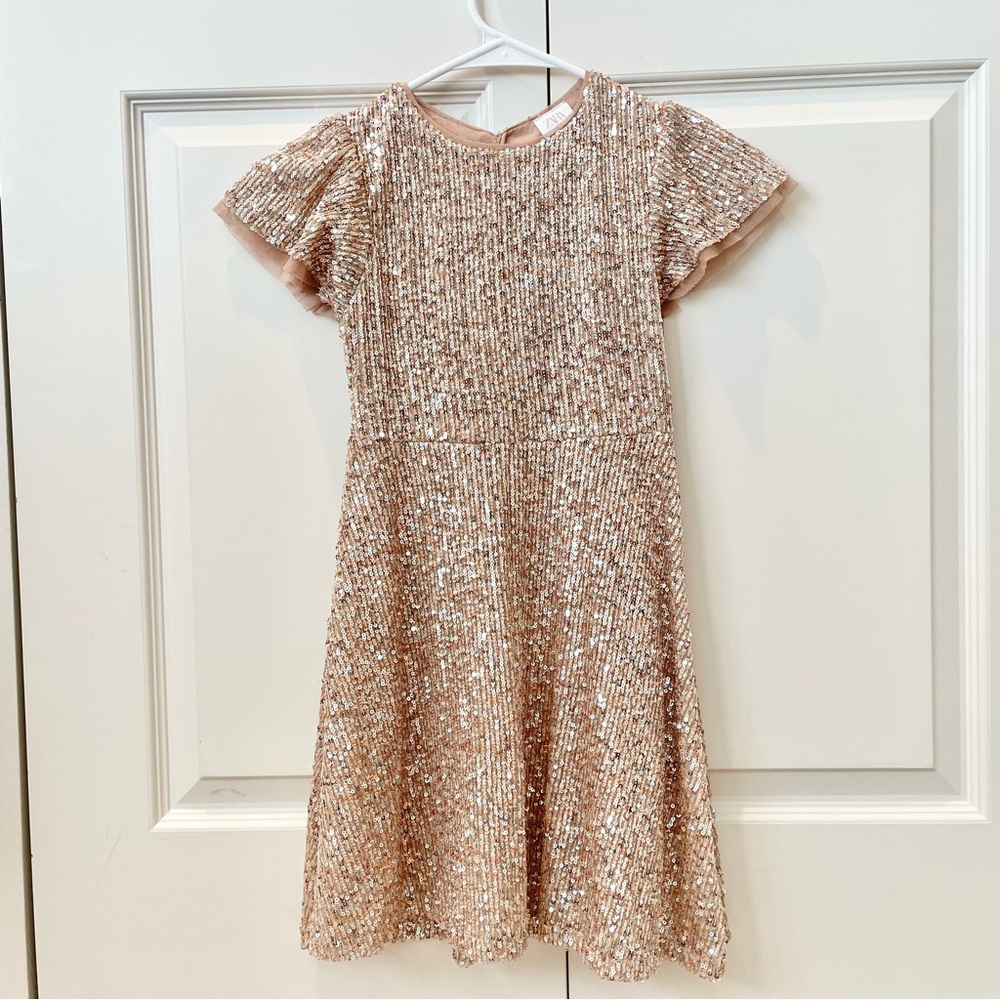 Zara girls Sparkling Gold sequin flytter sleeve Dress size 9